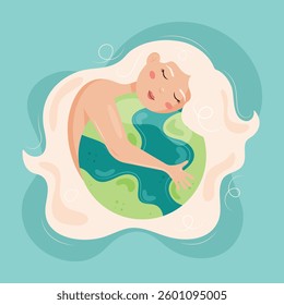 Girl with white hair hugs the earth. Mother nature  is holding planet. Earth day poster on blue background.  Ecological consept.  Save the planet. April 22. Cartoon design. Flat vector illustration. 