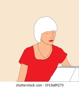 A girl with white hair and red lips reading a book 