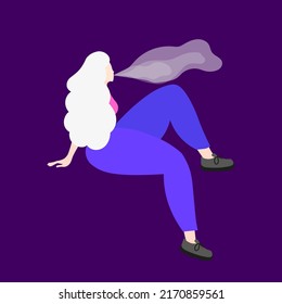 A girl with white hair is sitting sideways and vaping (smoking an electronic cigarette, hovering). Flat vector illustration on a purple background