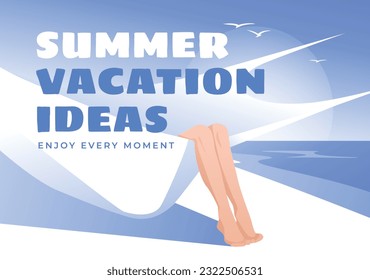 a girl in a white hammock rests on a sunny beach. Simplicity advertising banner of summer, holidays. beach vacation Blue gradient background, vector illustration