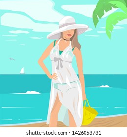 Girl in white hat on the beach. Vector Illustration