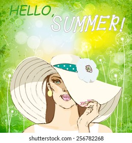 girl in white hat on green summer background.vector illustration