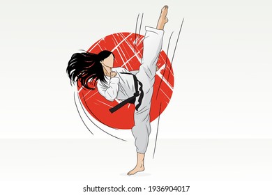 A girl in a white kimono with a black belt trains. 
Vector illustration