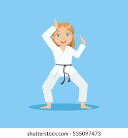 Girl In White Kimono Demontrating Starting Stance On Karate Martial Art Sports Training Cute Smiling Cartoon Character