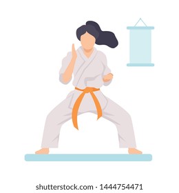 Niña en blanco Kimono con cinturón naranja haciendo ilustración del vector Karate