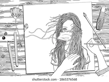 Girl in a white medical face mask. Coloring book page. Novel coronavirus (2019-nCoV). Black and white Vector illustration.