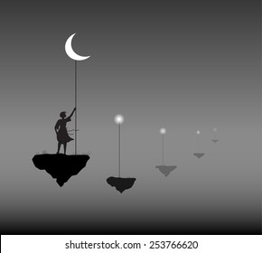 girl with white moon standing on the flying rock, put the star on the sky, life on the flying rock, shadows, vector