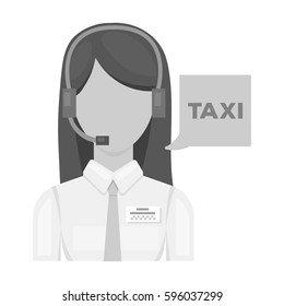 Girl in a white shirt with headphones.Call centre manager takes a taxi booking. Taxi station single icon in monochrome style vector symbol stock illustration.