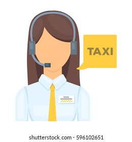 Girl in a white shirt with headphones.Call centre manager takes a taxi booking. Taxi station single icon in cartoon style vector symbol stock illustration.