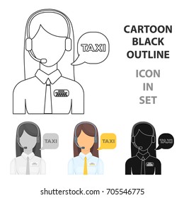 Girl in a white shirt with headphones.Call centre manager takes a taxi booking. Taxi station single icon in cartoon style vector symbol stock illustration.