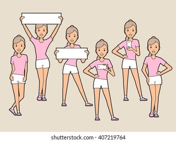 Girl in white shorts and a pink T-shirt and sneakers in various poses. Sport women. Vector illustration