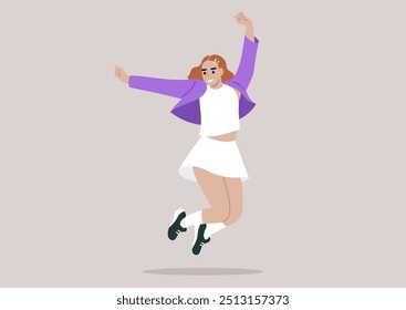 The girl in a white skirt and bright purple jacket joyfully leaps upwards, her arms raised and a big smile on her face, embodying sheer excitement and freedom in the warm sunlight