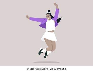 The girl in a white skirt and bright purple jacket joyfully leaps upwards, her arms raised and a big smile on her face, embodying sheer excitement and freedom in the warm sunlight