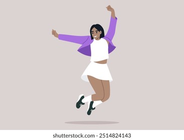 The girl in a white skirt and bright purple jacket joyfully leaps upwards, her arms raised and a big smile on her face, embodying sheer excitement and freedom in the warm sunlight