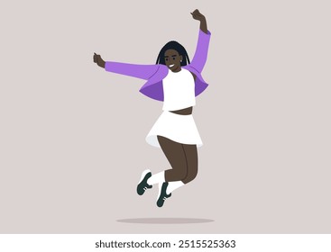 The girl in a white skirt and bright purple jacket joyfully leaps upwards, her arms raised and a big smile on her face, embodying sheer excitement and freedom in the warm sunlight