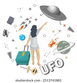 A girl in white with a suitcase waving at a flying UFO, round flat illustration childrens doodle