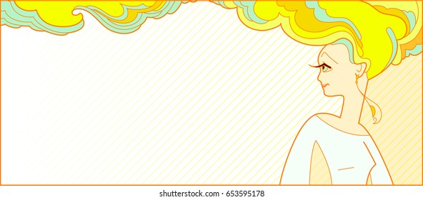 A girl in a white sweater and developing hair in the wind. Banner of light color scale in a flat style with a linear contour.