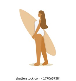 A girl in a white swimsuit stands with a surfboard. Summer illustration in beige shades. Flat cartoon vector illustration.