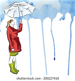 Girl with white umbrella with the hand drawn watercolor background. Autumn style.