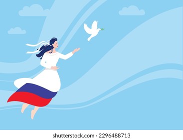 A girl in a white-red-blue dress launches a dove into the sky. The world. Labor. May. May holidays