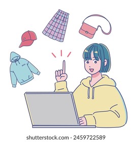 A girl who buys and sells clothes on a computer