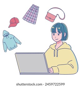 A girl who buys and sells clothes on a computer