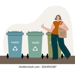 A girl who cares about the environment, sorts the trash and throws it into the trash can for recycling and reuse. A woman uses her reusable shopping bag and her drink glass. Plastic recycling. 