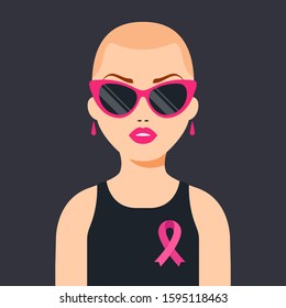 a girl who defeated breast cancer. pink ribbon in support of women. flat vector illustration.