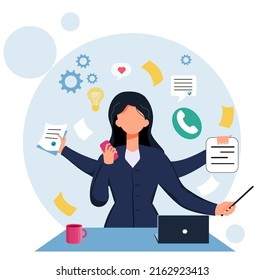 A girl who does several things at once. Vector stock illustration. Multitasking. flat style. Isolated