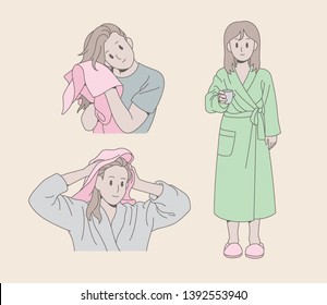 A girl who dries her hair with a towel after bathing, and a girl in shower robe. hand drawn style vector design illustrations. 