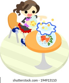 The girl who feeds the goldfish of a goldfish bowl put on the orange table.
