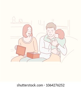 The girl who is happy about the present is holding her father. hand drawn style vector doodle design illustrations.