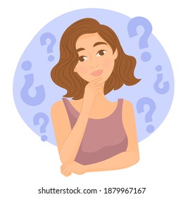 Girl who has doubts and with confused face expression on blue background.