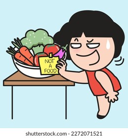 Girl Who Hates Vegetable Put Sticky Note With Text Not A Food On Salad Bowl Concept Card Character illustration