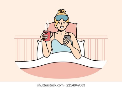 Girl who just woke up sits in bed, looks through news, messages on smartphone, drinks coffee. Awakened woman chats in social networks on cell phone, holds cup of hot tea. Vector isolated illustration.