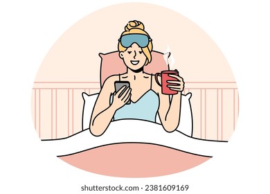 Girl who just woke up sits in bed, looks through news, messages on smartphone, drinks coffee. Awakened woman chats in social networks on cell phone, holds cup of hot tea. Vector isolated illustration.