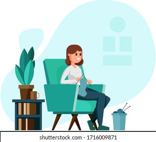 the girl who knits sitting in a vintage armchair illustration in a flat style