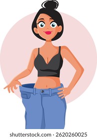
Girl Who Lost Weight Shows Off Her Old Pants Vector Illustration. Girl who lost a lot of weight through diet and exercise demonstrates a healthy lifestyle         
 
