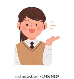 A girl who makes a guiding gesture. Asian schoolgirl in school uniform vector illustration.