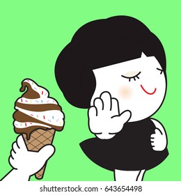 Girl Who Is On Diet Deny And Says No To Food Ice Cream Pusher Concept Card Character illustration