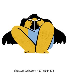The girl who reads a book while sitting. Young women. Read more books concept. Hand drawn vector illustration in trendy style.