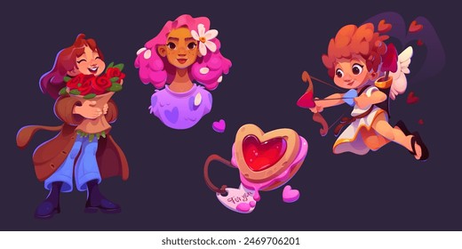 A girl who rejoices at the flowers she received for Valentine's Day. The Cupid girl who pulled the bowstring to shoot the arrow of love. A girl dressed themed for Valentine's Day. And a gift, a heart-