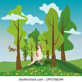 The girl, who represents spring and summer, sits on a rock in the middle of the forest and fills the forest with leaves, flowers, and the inhabitants of the forest run to her: a bird, a squirrel.