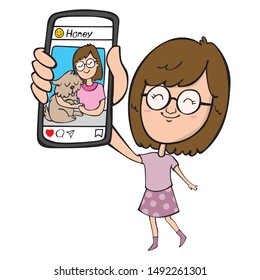 A girl who show her social photo on her mobile phone. She love her dog.