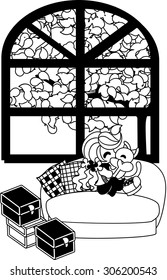 A girl who sits down on the yellow sofa in the room with a wide window, and kissed with a kitten.