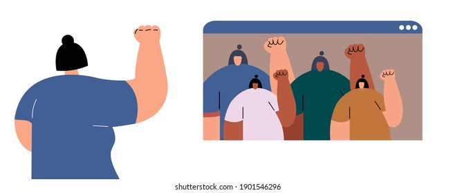 Girl who supports the online protest. Black protest for equality. Racial discrimination. Flat vector illustration.