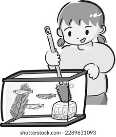 A girl who takes care of medaka (cleaning the aquarium)