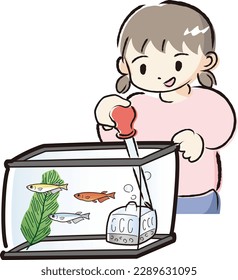 A girl who takes care of medaka (cleaning the aquarium)
