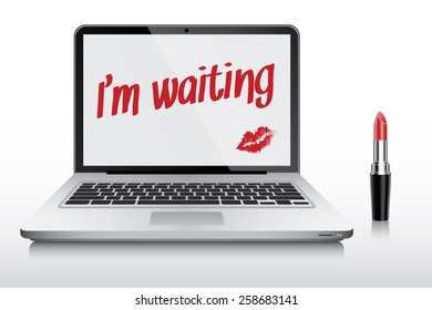 Girl who is waiting for husband wrote note on laptop screen, vector