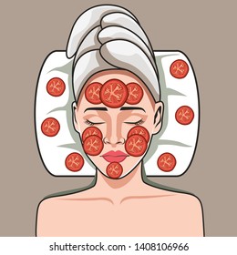 A girl who wears tomato slices to make her skin more beautiful and glowing.